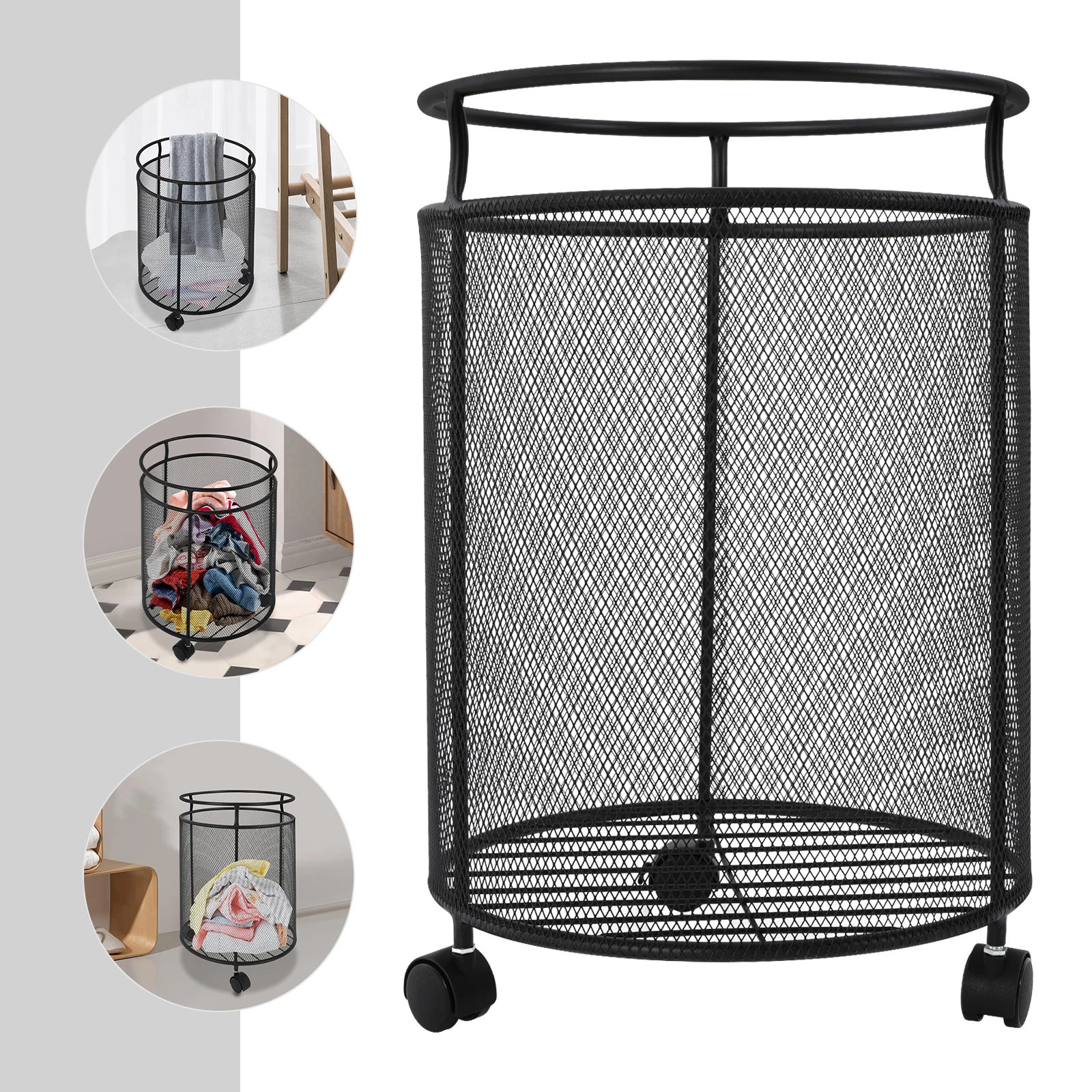 

(Black) Metal Laundry Basket with Wheels, Round Iron Laundry Hamper, Bathroom Dirty Clothes Basket, for Storage Clothes, Towels