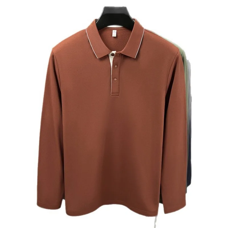 Men Lapel Long Sleeve Polo Shirt Solid Color Business Casual Warm Base Top Autumn Winter Mens Tee
