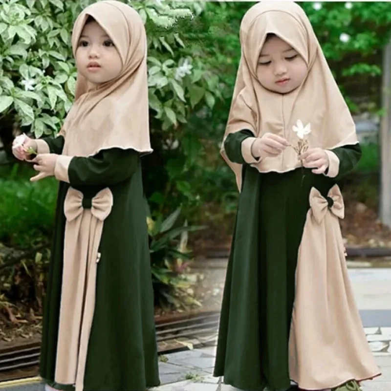 

2Pcs Kids Girls Muslim Hijab Long Sleeve Maxi Dress Set Children Turkey Dubai Arabic Clothes With Headscarf Eid Ramadan Clothing