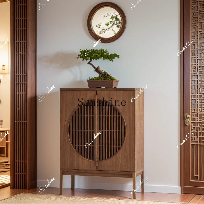 

New Chinese-style entrance black walnut shoe cabinet Zen bright moon storage FT