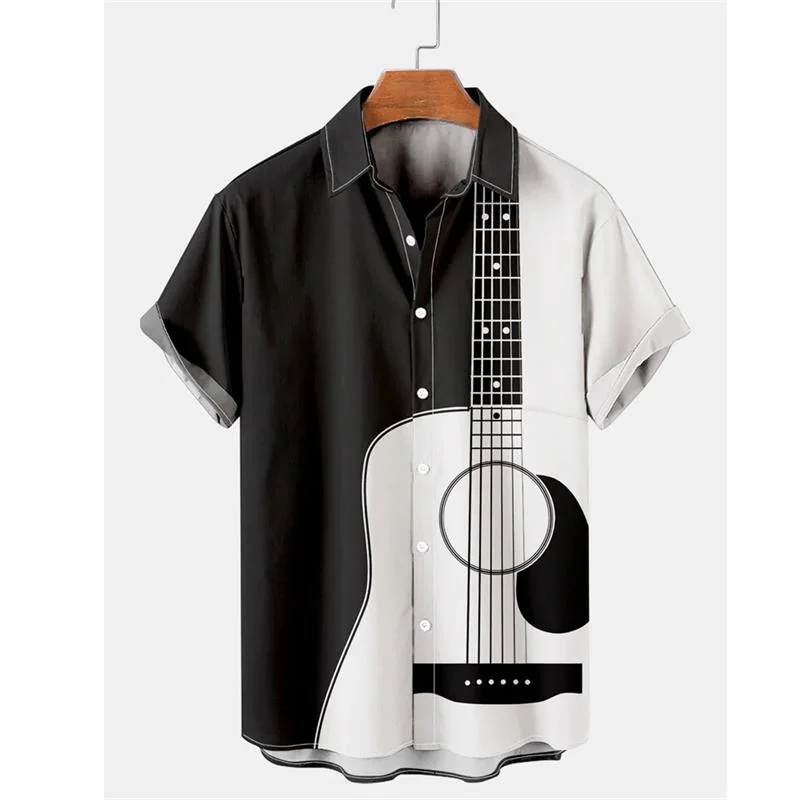 Nota musical masculina padrão camisa havaiana, instrumento de guitarra, blusa impressa 3D, tops casuais de lapela, camisas soltas Aloha, mangas curtas