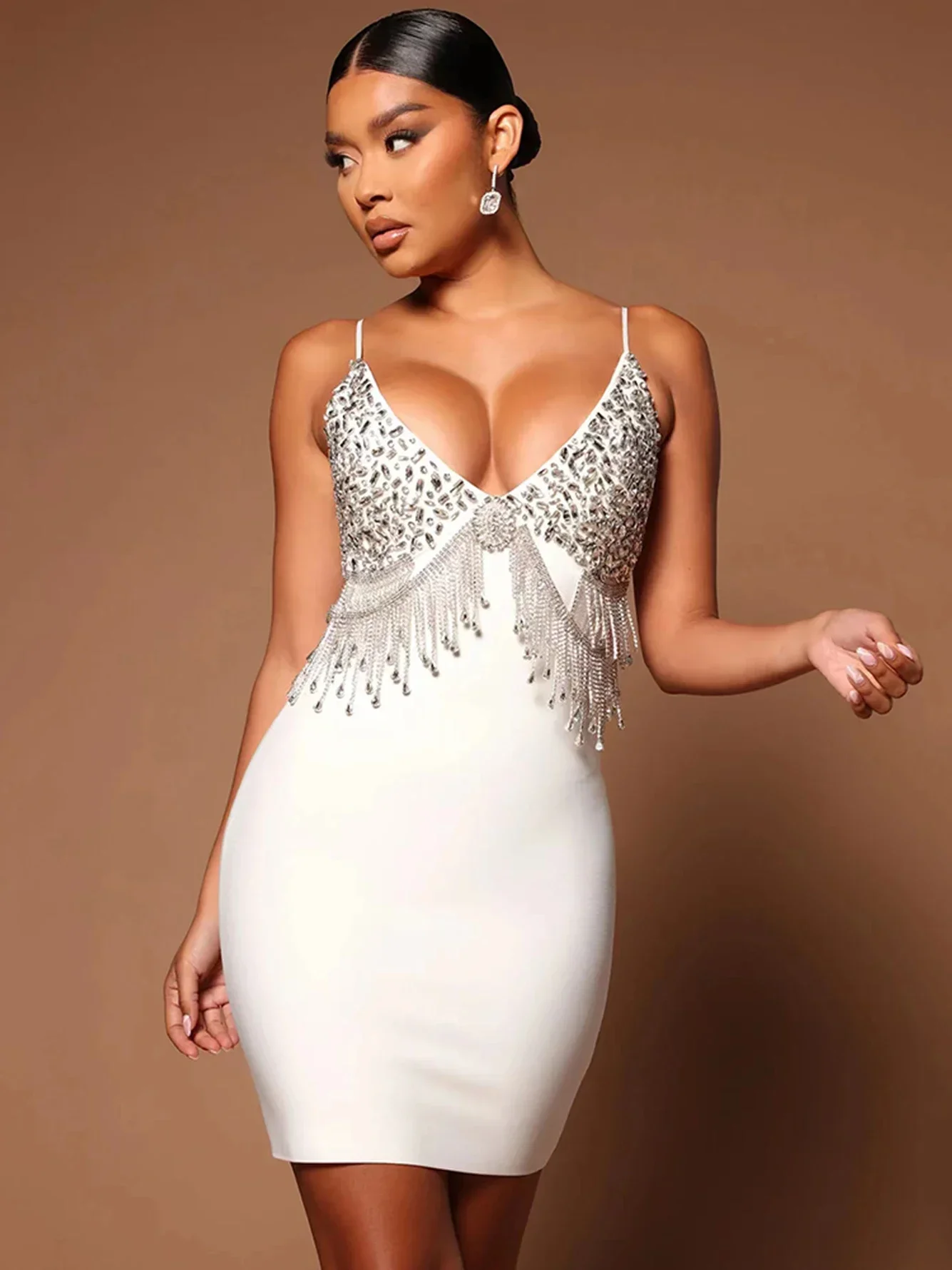 

2024 Women's High Quality White Sexy V Neck Sleeveless Luxury Diamond Tassel Mini Bandage Dress Elegant Evening Party Dresses