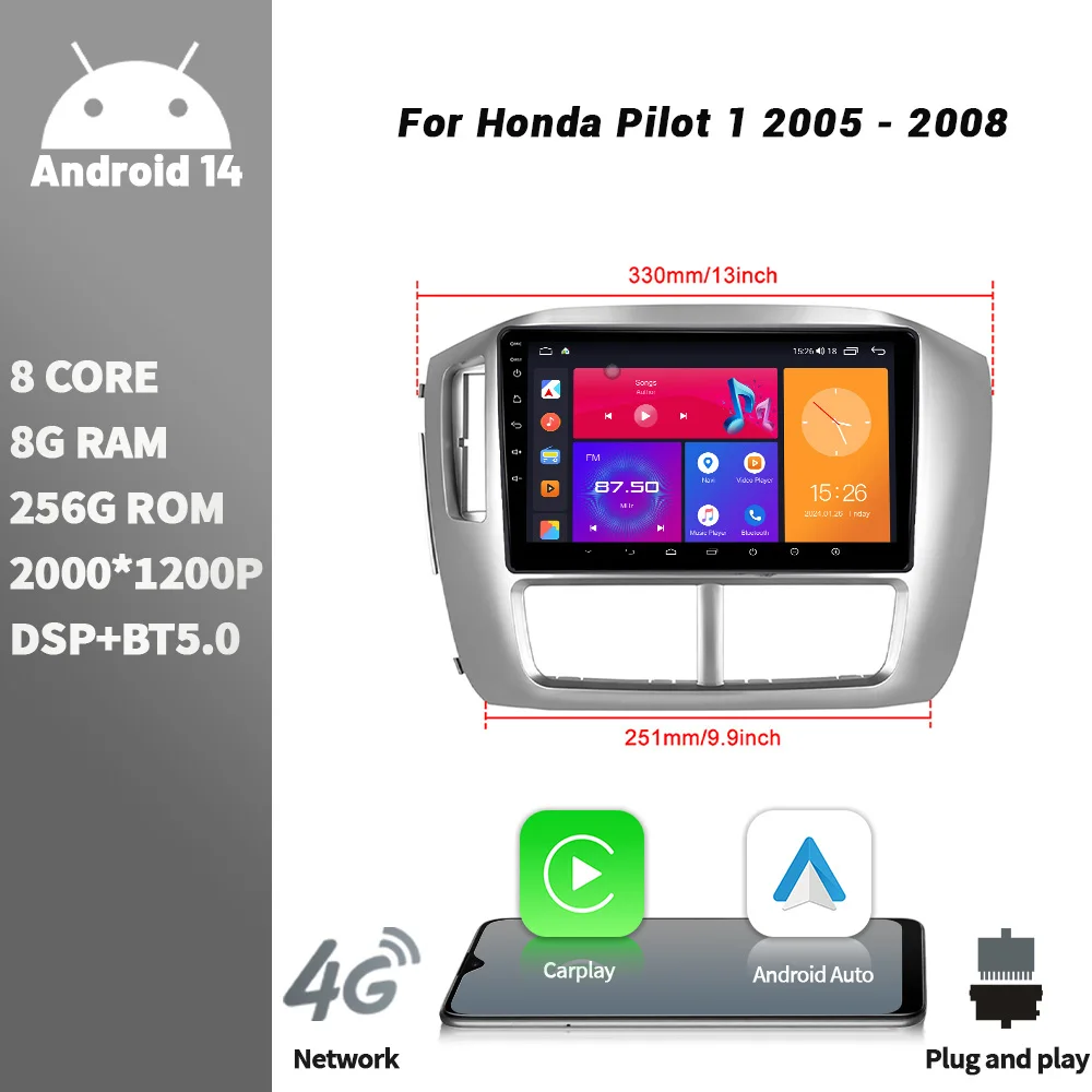 

Wireless CarPlay Touch Screen Android Bluetooth For Honda Pilot 1 2005 - 2008 Car Radio Multimedia Player Navigation