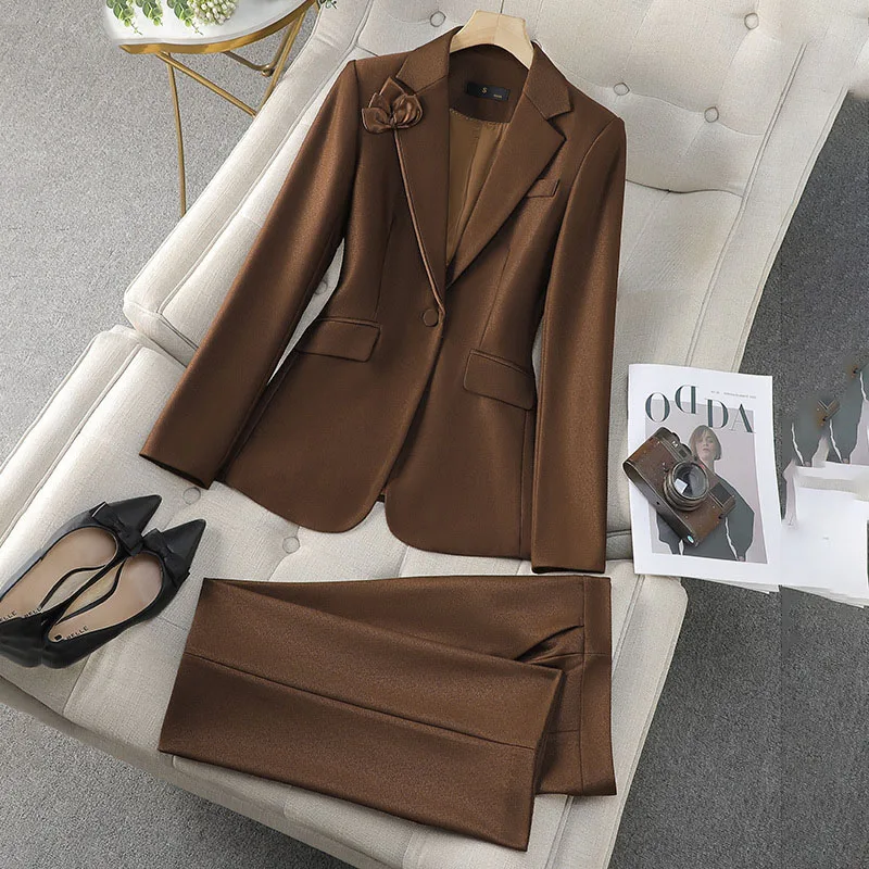 Women Blazer Pants Sets Apricot Appliques Two Pieces 2024 Autumn Work wear Trousers Formal Solid Color Long Sleeve Tops Pantsuit