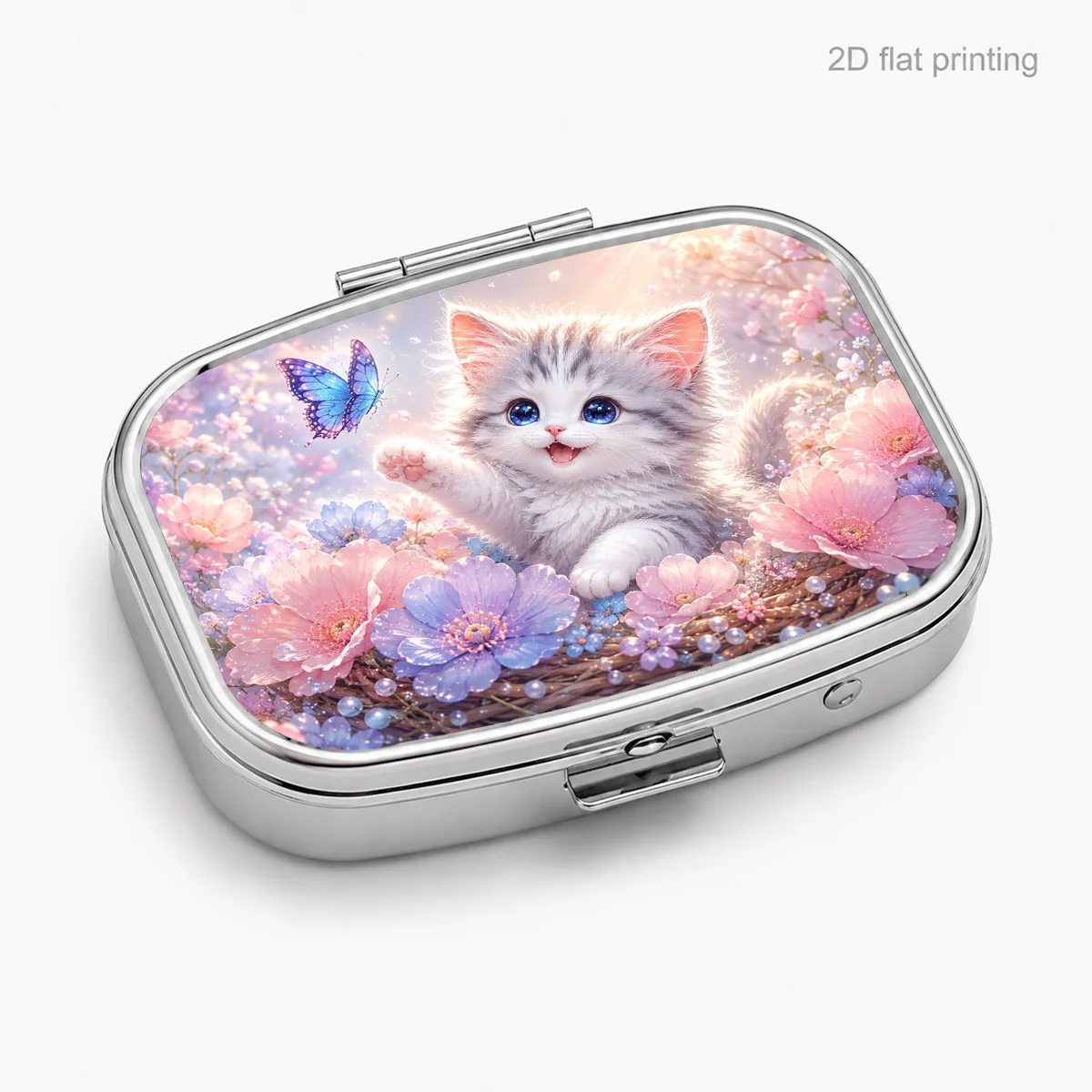 1 piece, flat print, pink and purple floral pattern with butterflies and light gray cats, long three-compartment portable pill box, mini compartments, sealed and moisture-proof pill organizer, lightweight and portable, suitable for girls, a great gift choice, flat design