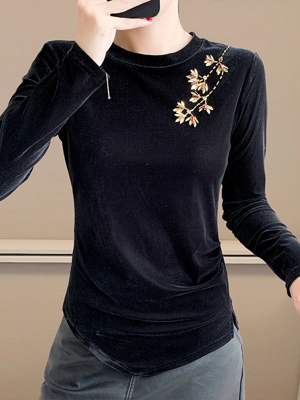 New Chinese Style Velvet Long Sleeve T-Shirt Women's Base Shirt Trendy Slimming Versatile Button Embellished Top Autumn Winter