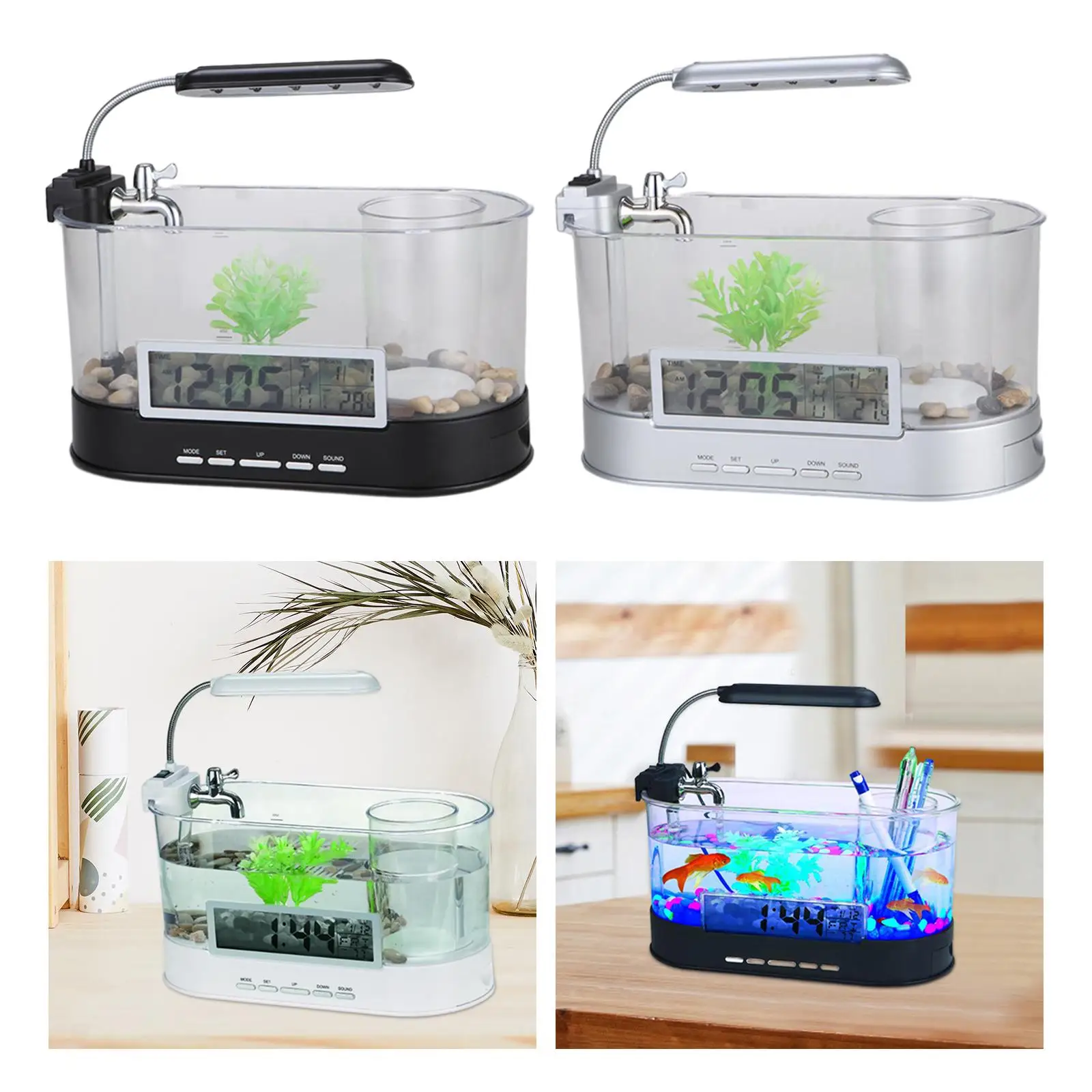 Fish Tank LED Lighting Pump Multi Functions with Water Leach Mini Aquarium Fish Bowl for Small Fish Reptile Goldfish Turtle Home