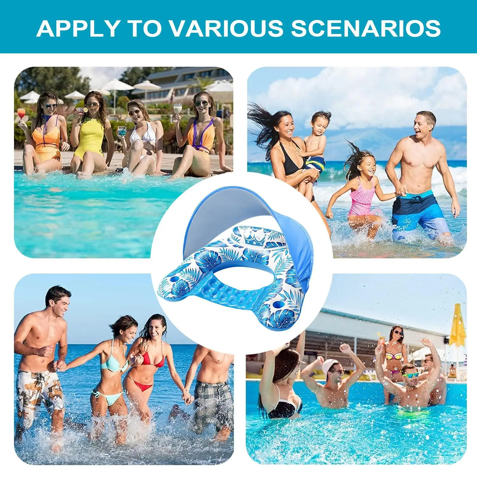 Flotador con dosel para piscina, flotador con sombra, balsa resistente para adultos con soporte, flotador de agua para nadar, río, playa, bronceado al aire libre