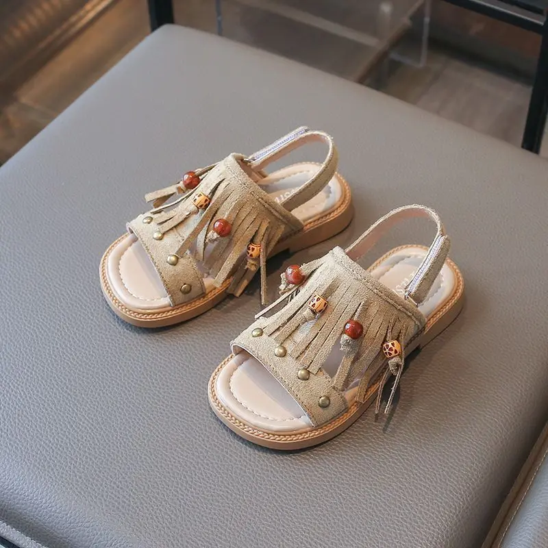 Tassel Rivet Girls Gladiator Shoes Summer Solid PU Leather Suede Kids Beach Sandals Hook Loop Anti Slip Children Sandals