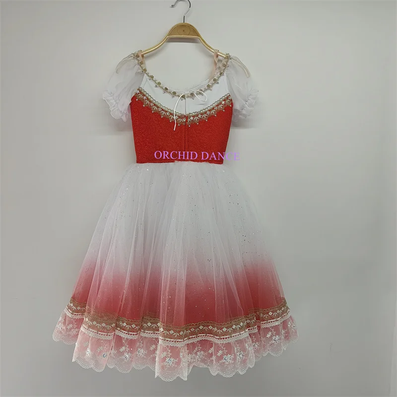 Professional Unique Design Kids Girls Adult La Fille Mal Gardee Performance Wear Ballet Costume Long Ombre Red Romantic Tutu