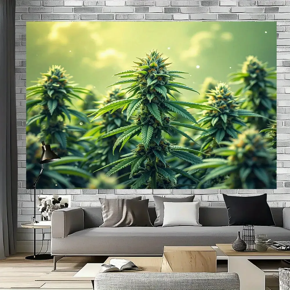 Green Marijuana Plant Leaves Sunlight Nature Background 2D Flat Tapestry Backdrop For Grow Room Decor Herbal Wall Hanging Art