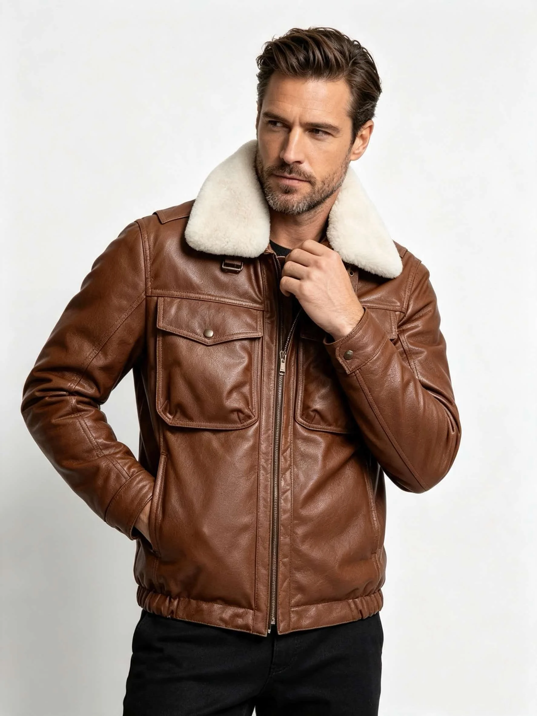 Light Brown Winter Leather Jacket Men Retro Style Plus Size 5XL Genuine Natural Sheepskin Wool Collar Thick Warm Down Coat