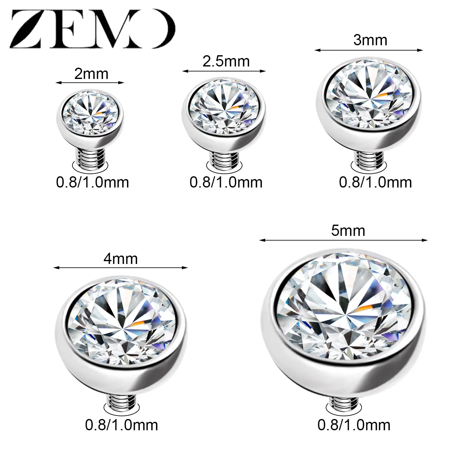 ZEMO 1-2pcs/lot Stainless Steel Dermal Anchor Surface Piercing Top Skin Diver Crystal Microdermal Piercings Accessory 2/3/4/5MM