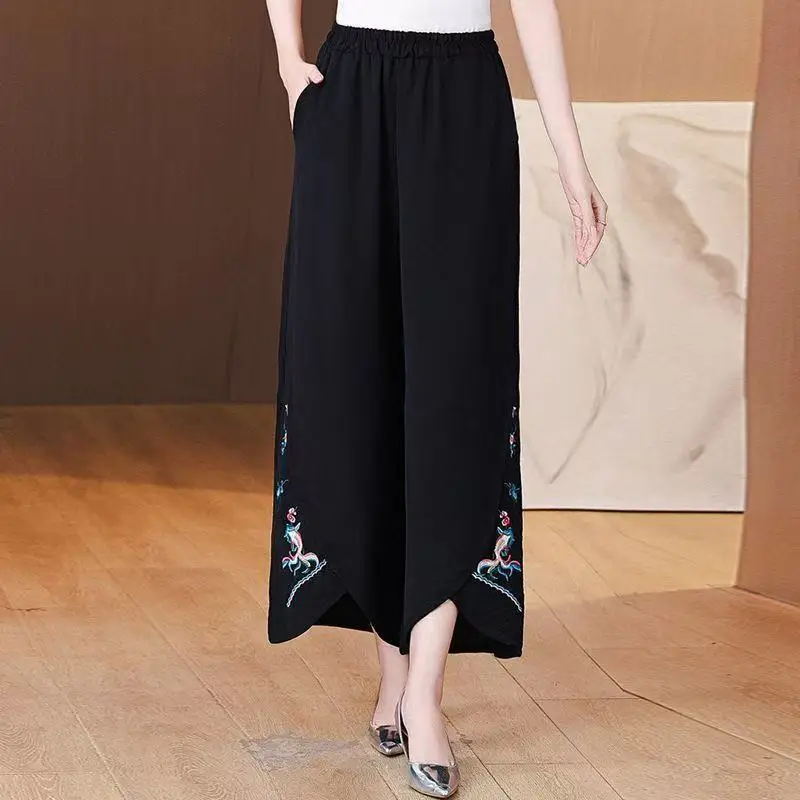 Chinese Style Embroidered Loose Retro Ankle-Length Pants For Women Spring Summer  Elastic High Waist Loose Thin Wide Leg Pants