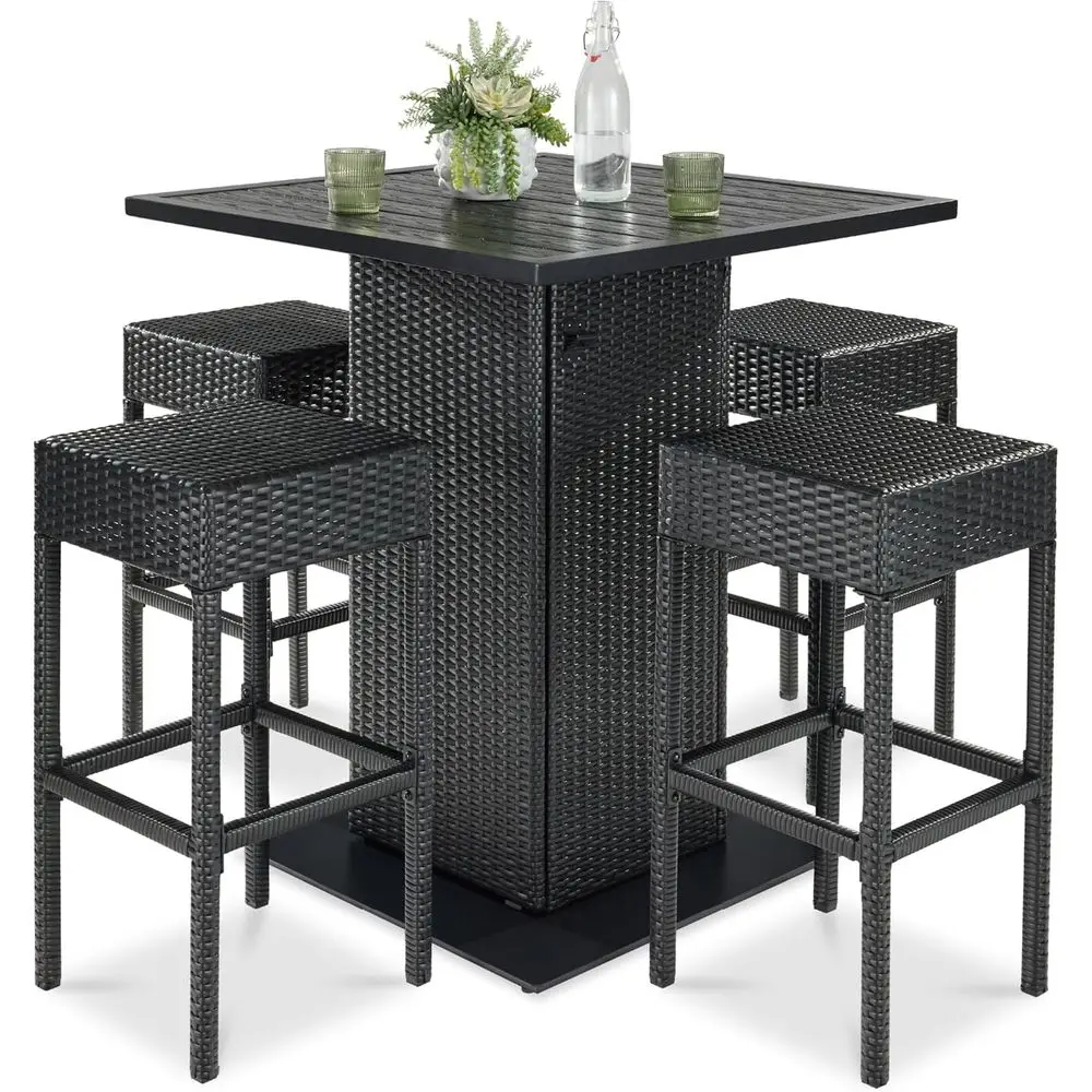 

Black Outdoor Wicker Bar Set with 4 Stools, Bottle Opener, Storage Shelf, Metal Tabletop