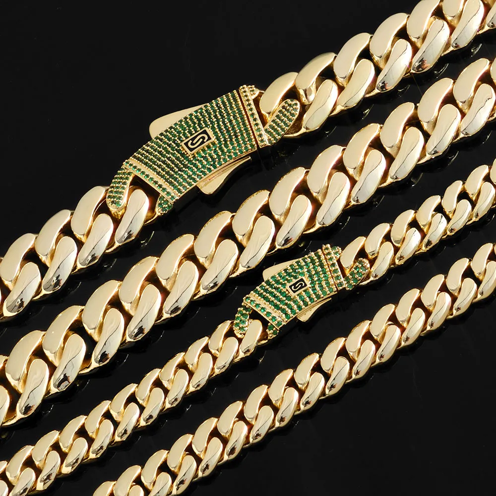 

ESKEEM Iced Out Diamond Green CZ Clasp Cuban Link Chain 14K Gold Plated Thick Monaco Necklace for Men and Women Hip Hop Jewelry