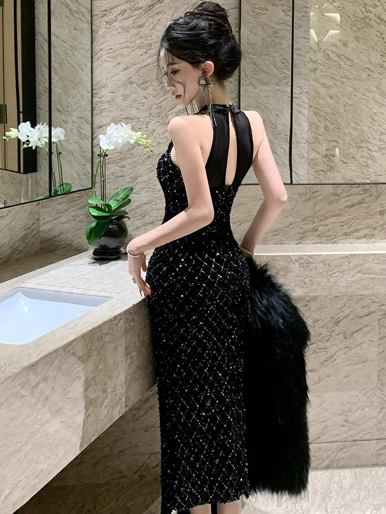 Autumn Winter Black Velvet Chic Sequins Plaid Long Dress Women Fashion Neck-mounted Sexy Club Dress 2025 Luxury Evening Dresses