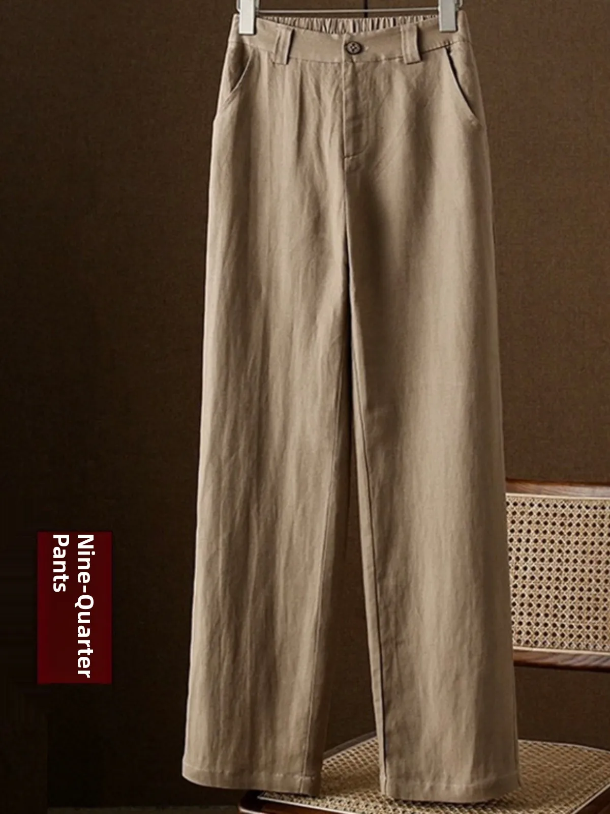 ارتفاع الخصر مستقيم الساق الكتان مزيج القطن السراويل النسائية الخريف رقيقة جديدة Sle ثنى واسعة الساق السراويل السراويل الطويلة غير رسمية