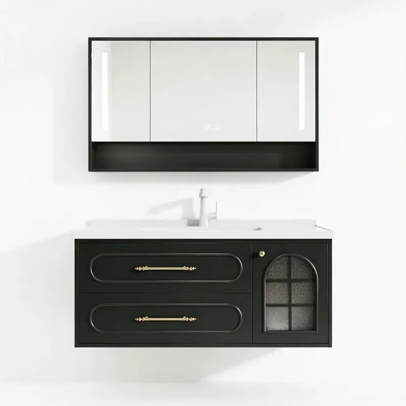 Retro French Black Bathroom Vanity with Ceramic Sink Cabinet Combo Washbasin Unit for Toilet Area