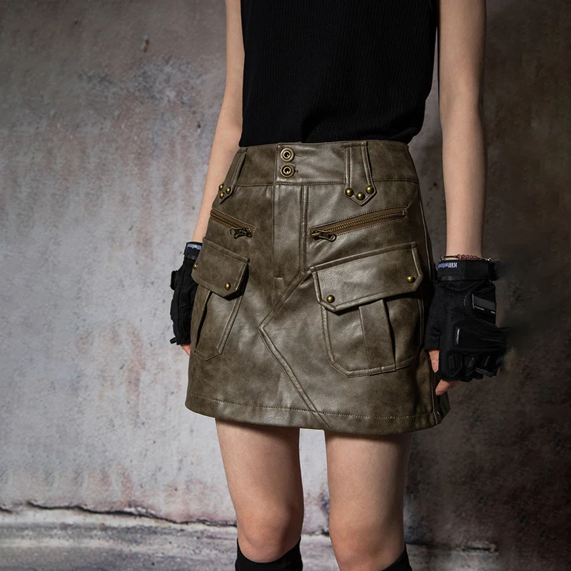 TFETTERS Brand Leather Short Skirt Women Vintage Rivet Summer Cargo Mini Skirt Females Make Old Waste Soil Style 90s Clothes