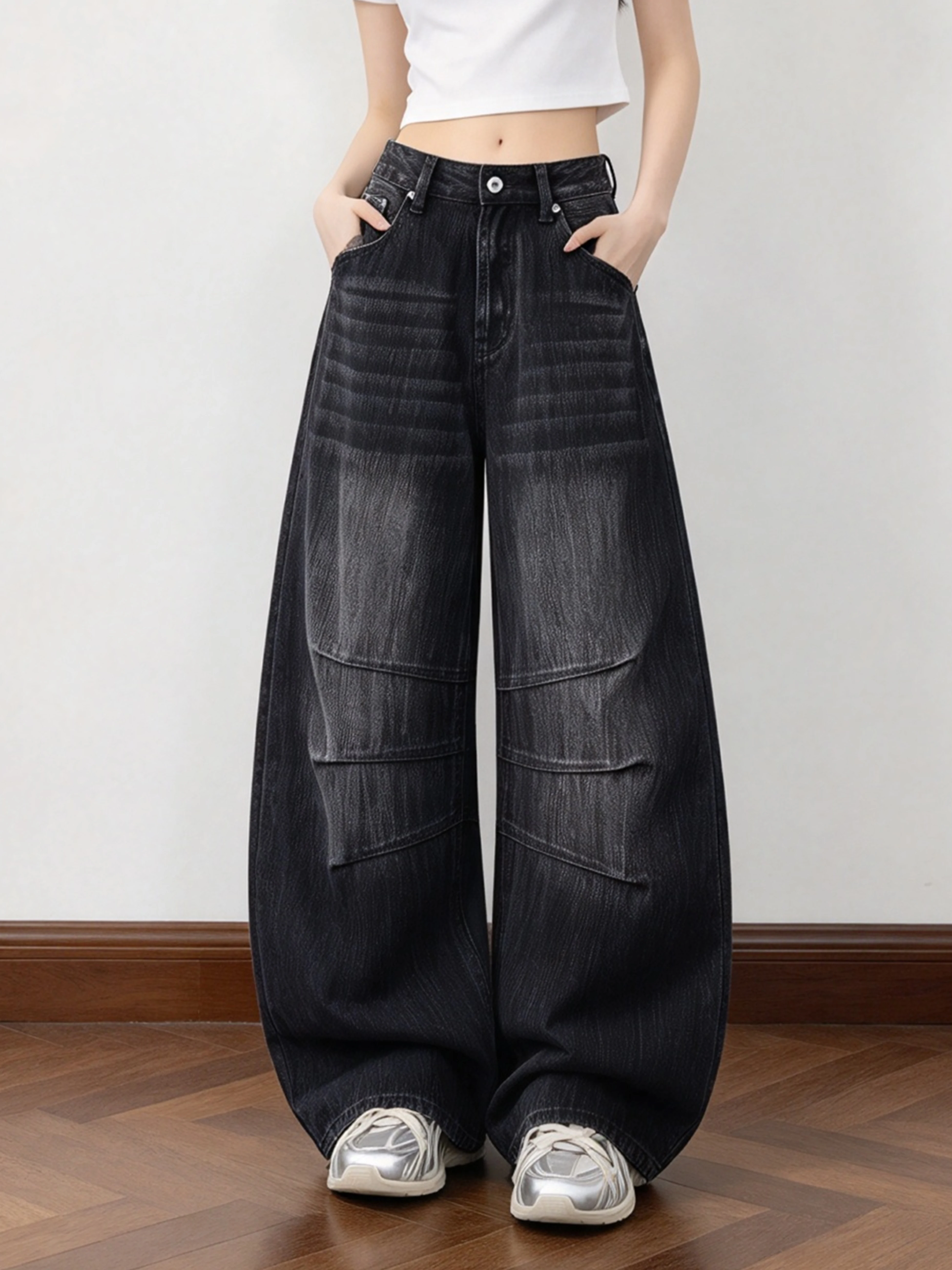 American Decomposition Splicing Wide Leg Jeans Women's Bend Knife Jeans Distressed Weathered Neutral Design Long Trousers