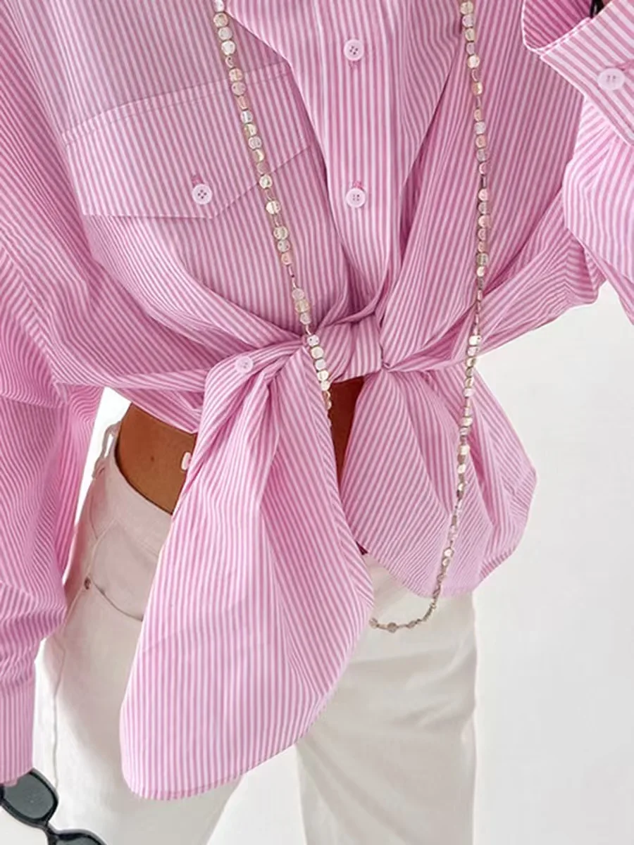 Faionable Pink Striped Loose Casual irt Women's Commute Sle Long Sve Button up Regular Length Striped irt
