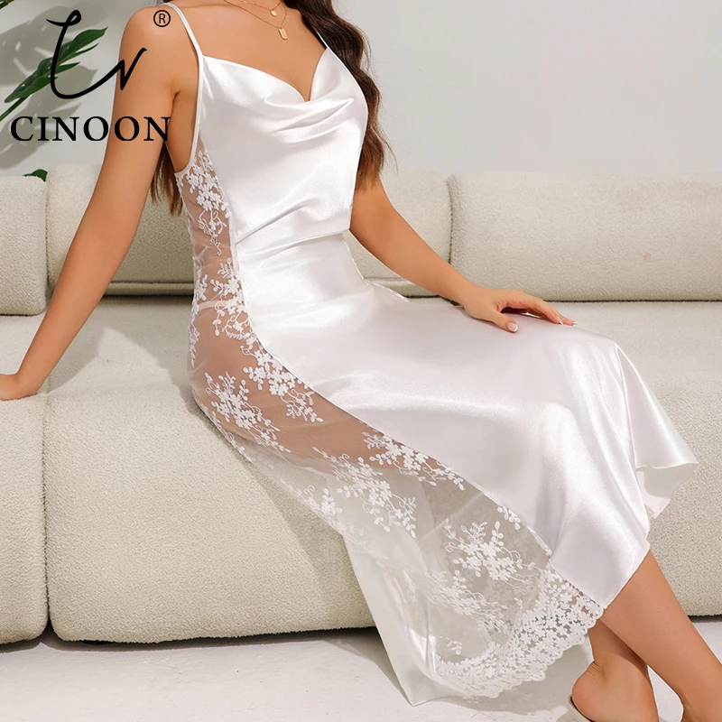 

CINOON женская сексуальная шелковистая одежда для сна прозрачная кружевная ночная рубашка с v-образным вырезом элегантная ночная рубашка однотонная элегантная дышащая ночная рубашка