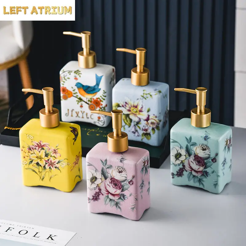 Chinese Ceramic Emulsion Bottle Color Flower-and-bird Soap Container Shampoo Bath Lotion Collection Bottle Bathroom Accessories