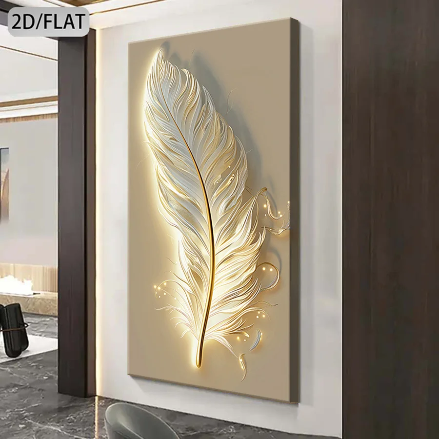 2D Flat, 2D/FLAT Home Wall Decor, Feather Decoration Painting, Golden Tone, Modern Minimalist Style, Elegant and Atmospheric, 20