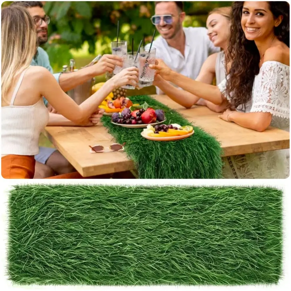 Long Grass Leaves Artificial Grass Table Runner Green Easy-Clean Table Decor Mat DIY Durable Surface Desktop Decorative Runner