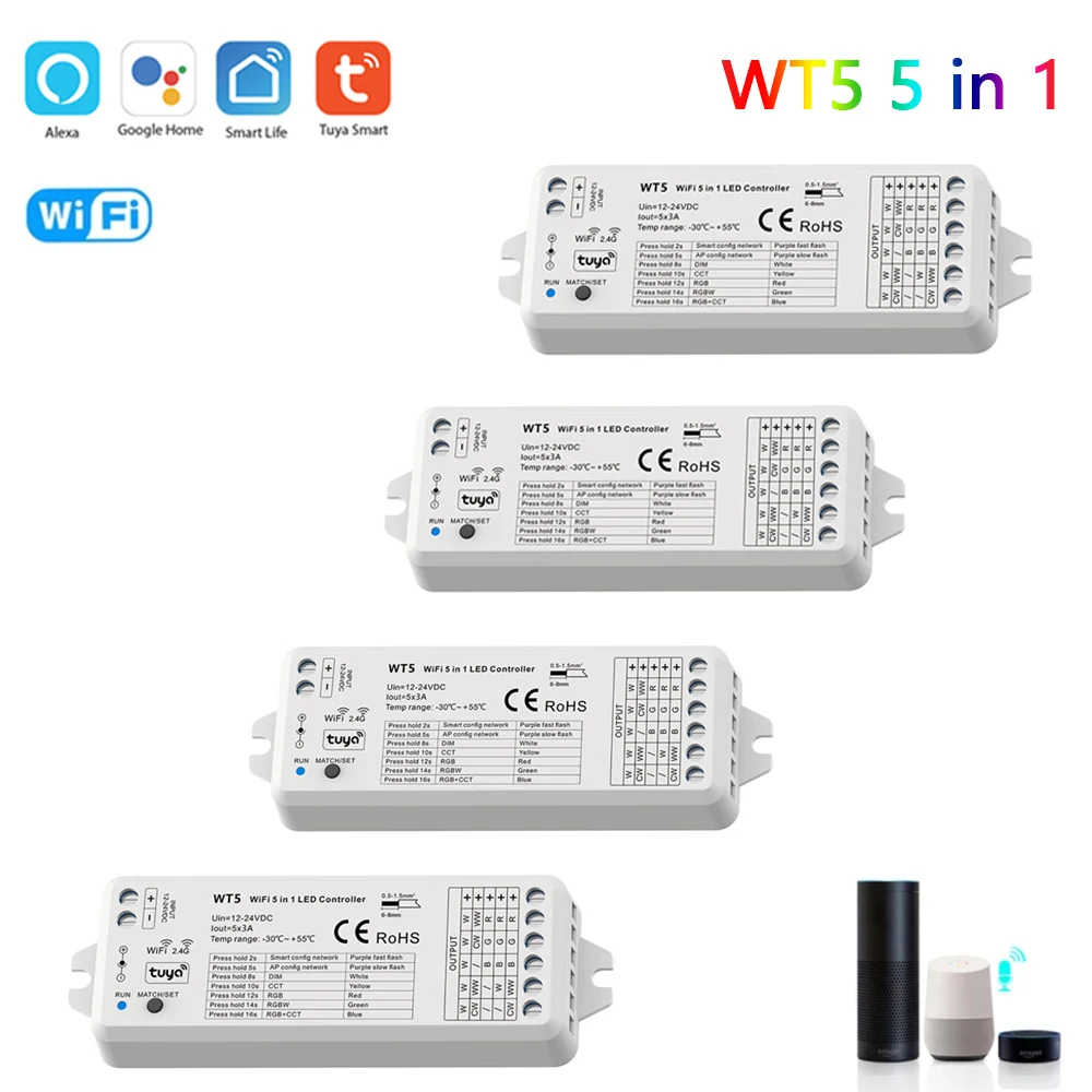 Tuya Wifi 5 in 1 LED Controller DC12V 24V RGB RGBW RGBCCT LED Strip Light Dimmer 2.4G RF 4-Zone Touch Remote for Alexa Google