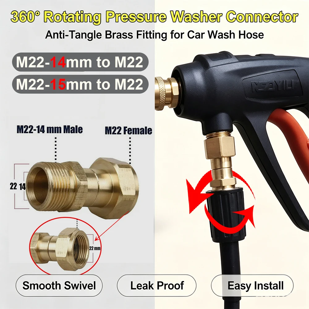 Brass Swivel Adapter M22-14/15mm 360° Rotating Anti-Tangle Coupler for High Pressure Car Washer Hose Pipe Connector Accessories