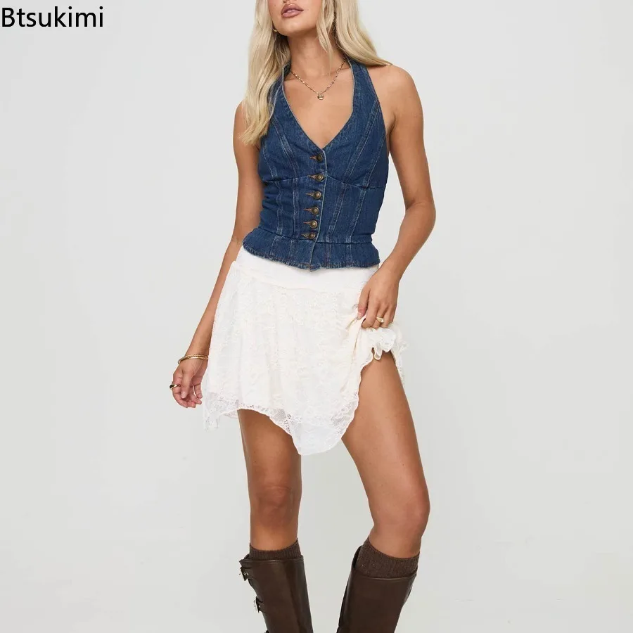 2026 New Women's Halter Denim Vest Sexy Hot Girl Tie Up Strap Button V Neck Crop Tops Elegant Fashion Streetwear Party Club Tops