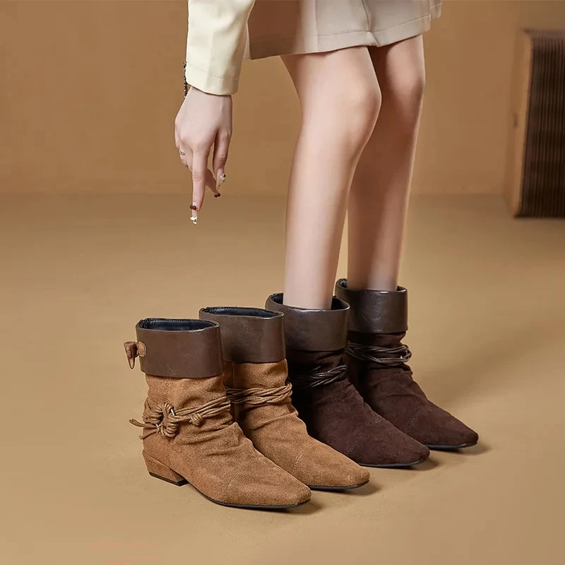 الرجعية الجلود مطوية الأحذية الغربية المرأة الخريف الشتاء اتجاهين ارتداء أشار تو كعب رقيقة تنورة متوهج الأحذية #6