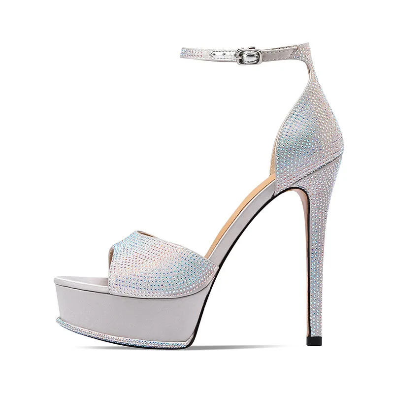 

Summer New Fish Mouth Water Diamond Waterproof Platform Sandals Slim High Heel Show Dress Versatile Small Size Women's Shoes