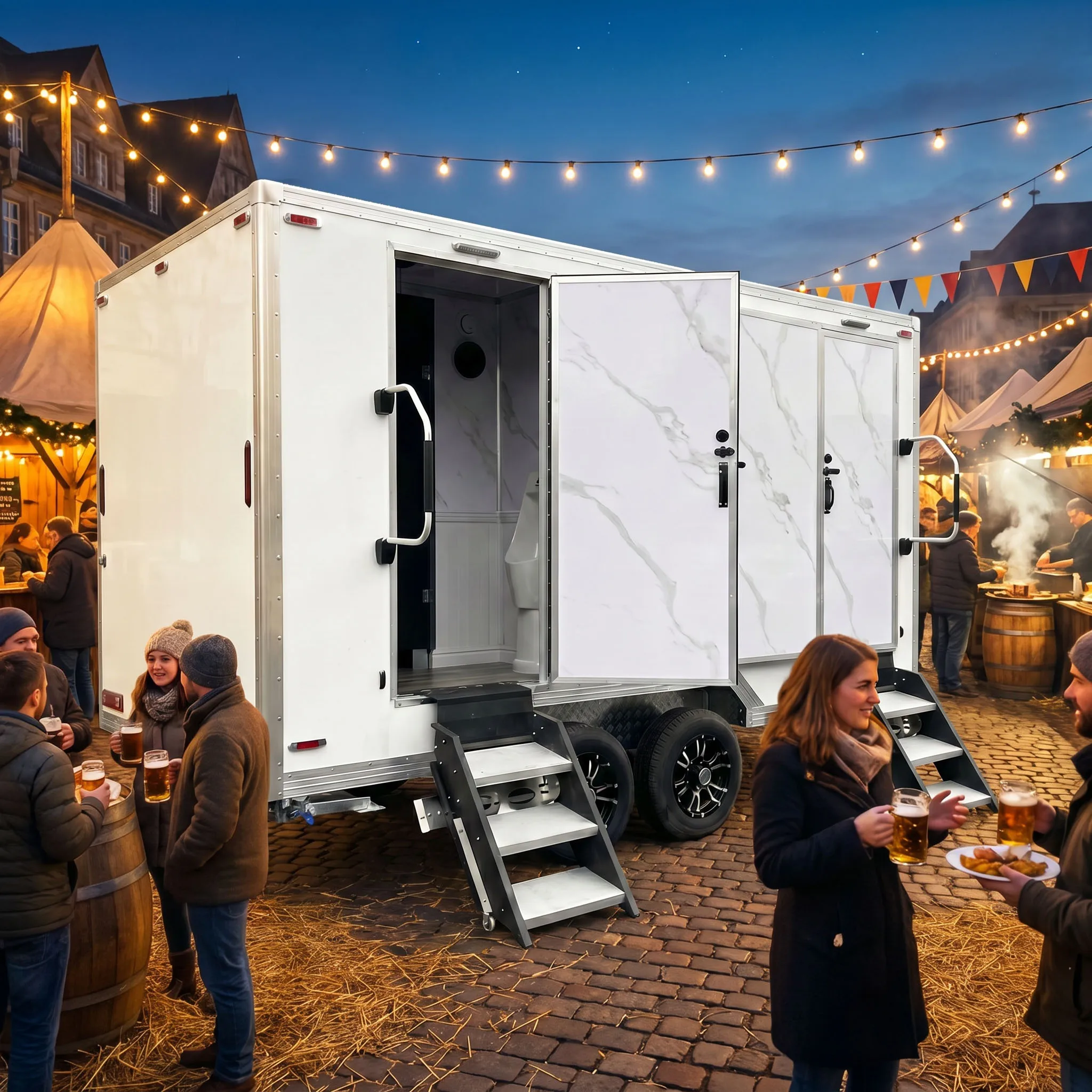 Premium 2 Rooms Portable Restroom Mobile Toilet Trailer with Wash Basin for Outdoor Concerts and Public Gatherings