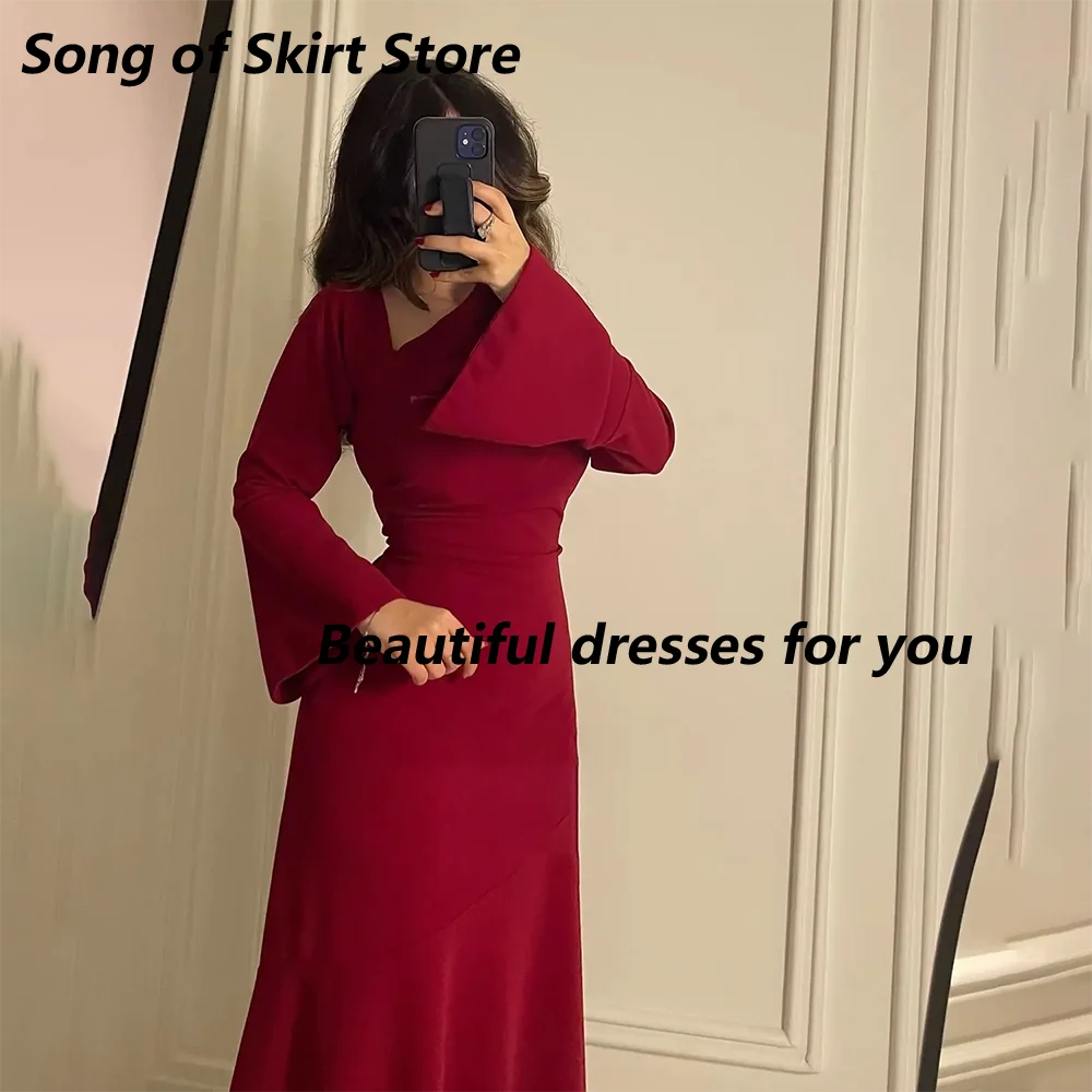 

Red Evening Dresses for Women 2025 V-Neck Long Sleeves Evening Gowns Simple Ankle Length Mermaid Party Dress Customized
