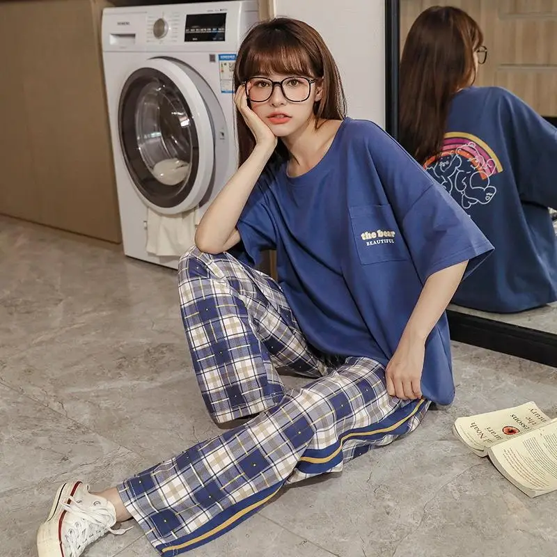 

Women Pajamas Sets Big 3XL Knitted Cotton Pyjama Plaid Female Pijamas Loungewear Short Sleeve Shirt Pants Sleepwear Homewear