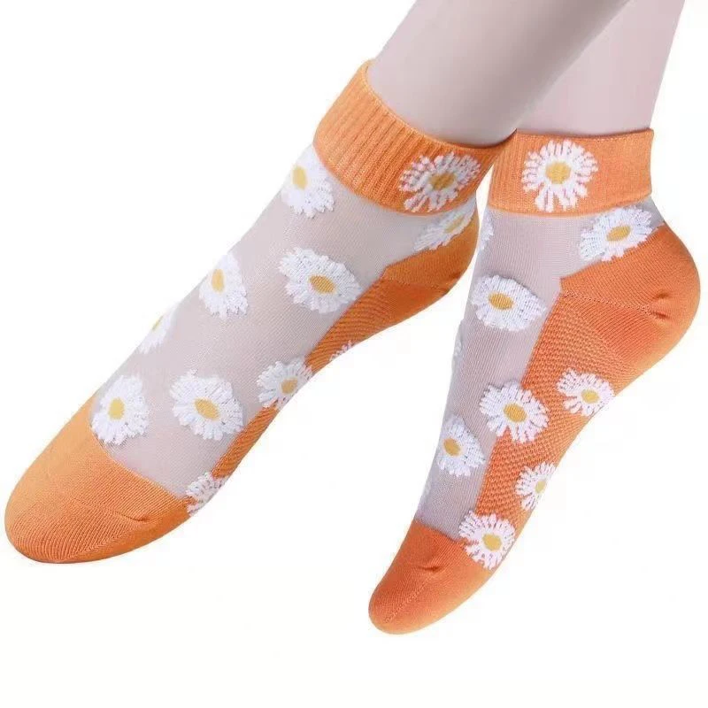 5Pairs Summer Woman Silk Socks Ankle Lace Ultra-thin Girl’s Transparent Glass Fiber Fashion Daisy Flower Harajuku Cute Style New