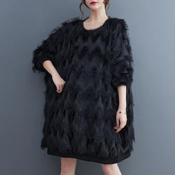 #3346 Autumn Winter Black Red Sweatshirt Fringe Dress Women Batwing Sleeve Tassels Streetwear Dress Woman Knee-length Round Neck