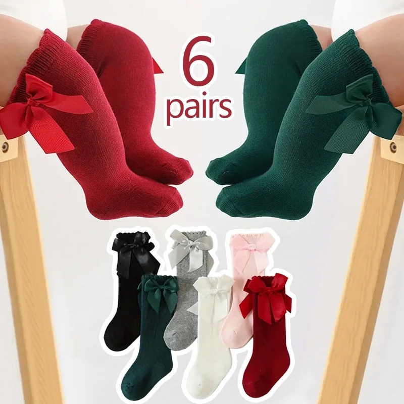 6 Paar Kindersocken, geeignet für Babys, modische Strickstrümpfe mit Schleife, bequem, atmungsaktiv, weich