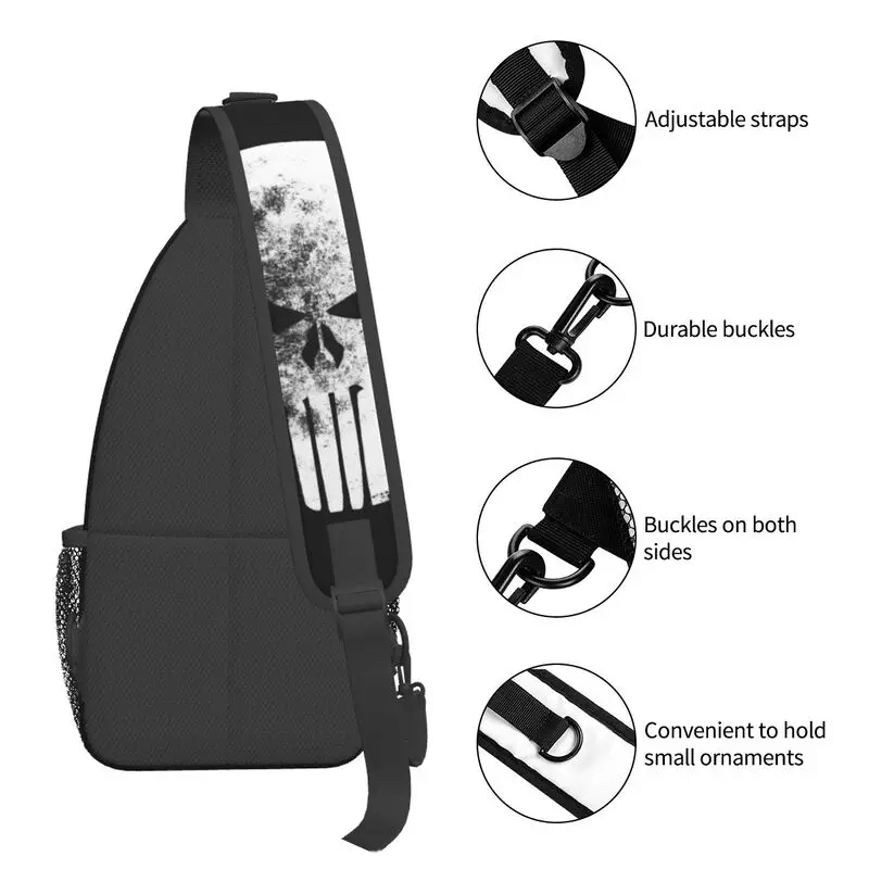 Vintage Punisher Skeleton Skull Sling Chest Bag Customized Shoulder Crossbody Backpack for Men Travel Hiking Daypack