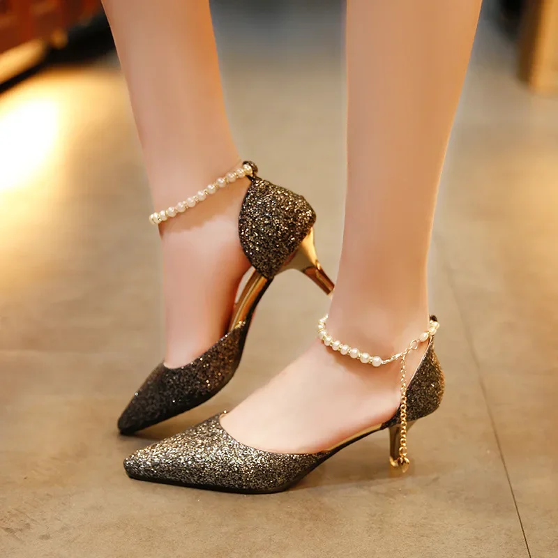 Sexy Pointed Toe Pearl High Heels Shoes Female Fashion Hollow with Sandals Paillette of The Thin Breathable Shoe Women Pumps