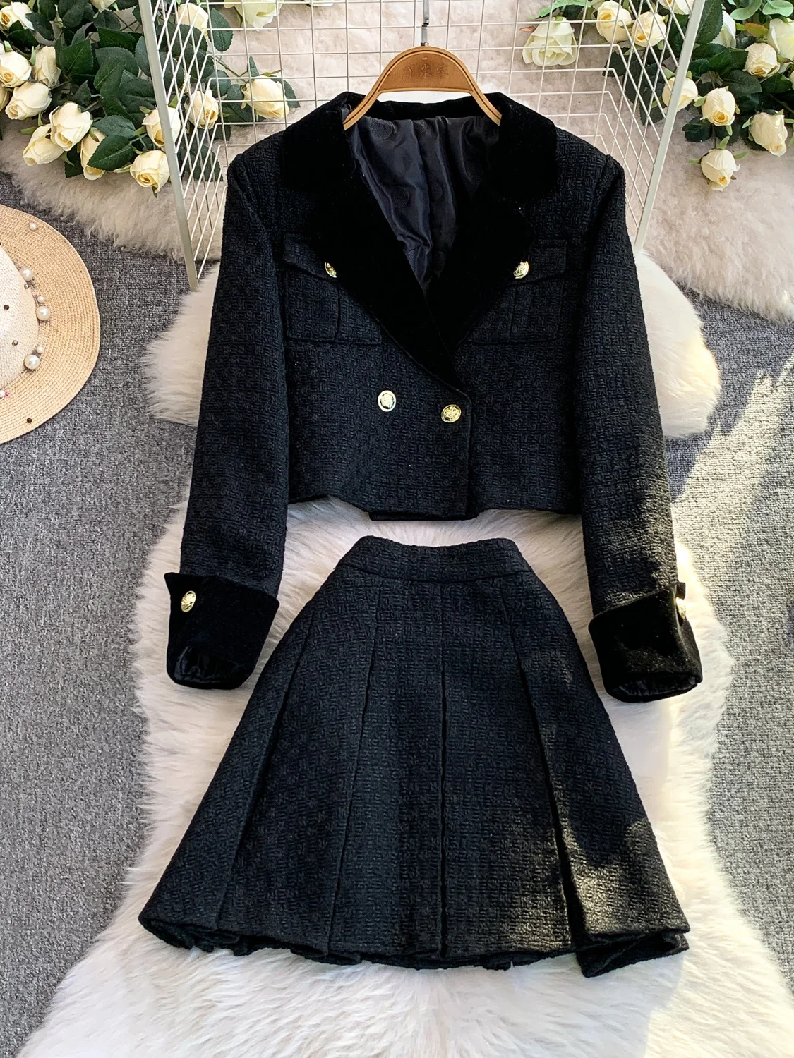 Maillard Preppy Style Vintage Velvet Patchwork Suit Collar Short Coat Two-Piece High-Waisted Skinny Woolen Pleated Skirt