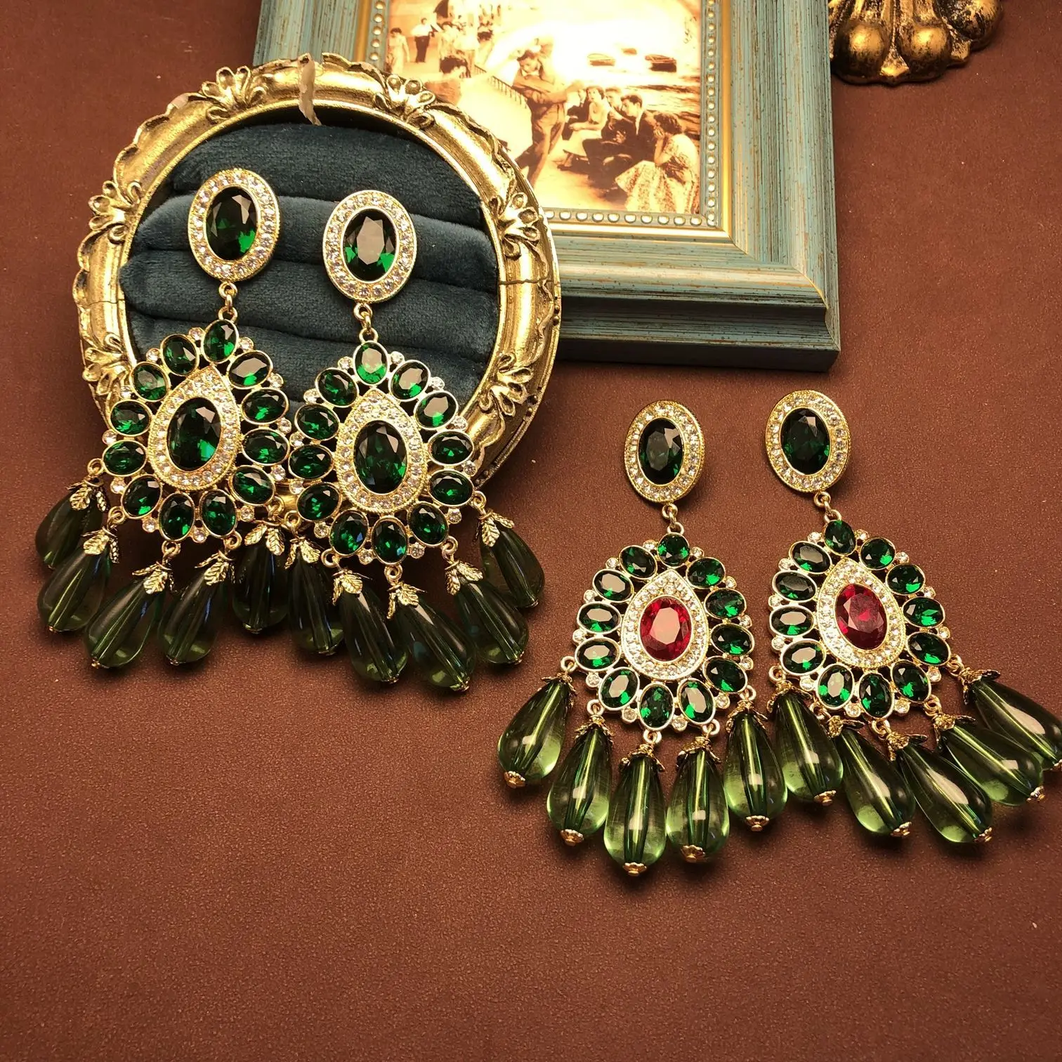 Medieval jewelry elegant Multilevel earrings emeralds, gemstones and diamonds ear stud