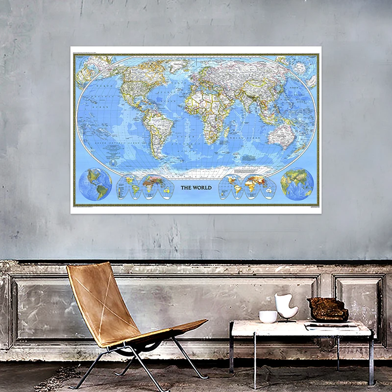 1pc 1988 Carte du monde 225*150cm Non Tissé Carte du Monde Affiche Détaillée Affiche Mur Décor Fonds D'écran Fournitures De Bureau