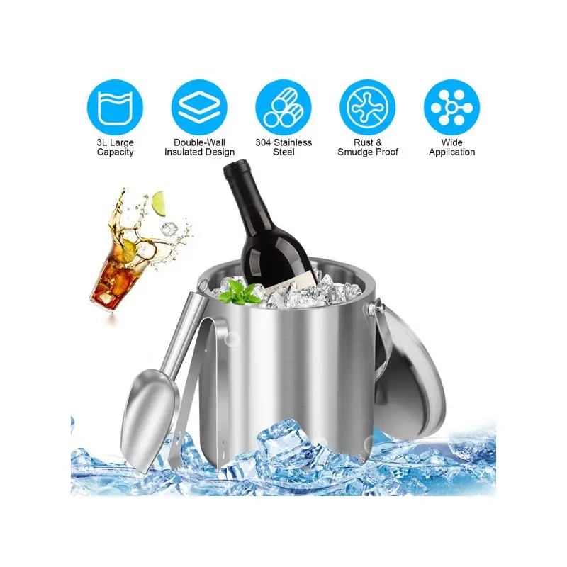 

3L Insulated Ice Bucket with Lid, Scoop, Strainer & Handle for Wine, Champagne, Beer, Parties & Cocktails