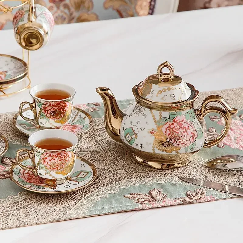 20 Pieces Porcelain Tea Set with Metal Holder European Ceramic Tea Set for Adults Flower Tea Set for Women with Floral