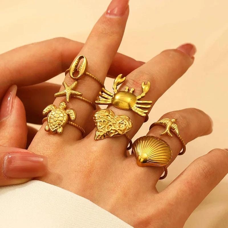 Popular Stainless Steel Crab Turtle Ring Golden Starfish Shell Ring for Women Seaside Vacation Party Jewelry Gift