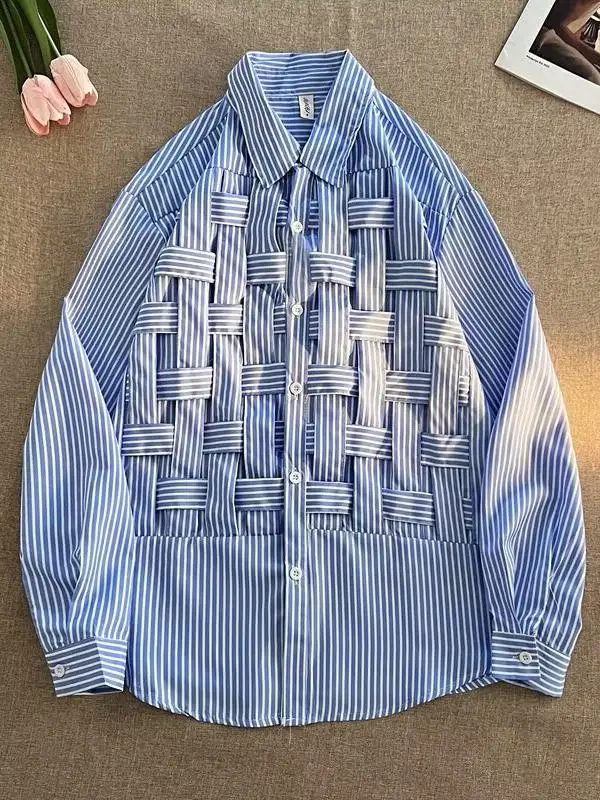 

2025 Spring New Design Sensation Woven Stripe Blue White Stripe Shirt Long Sleeve Men's Casual Fashion Spring Autumn